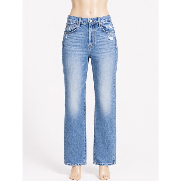 MOTHER Denim - Mother Denim High Waisted Straight Leg Distressed Jeans Blue Medium Wash